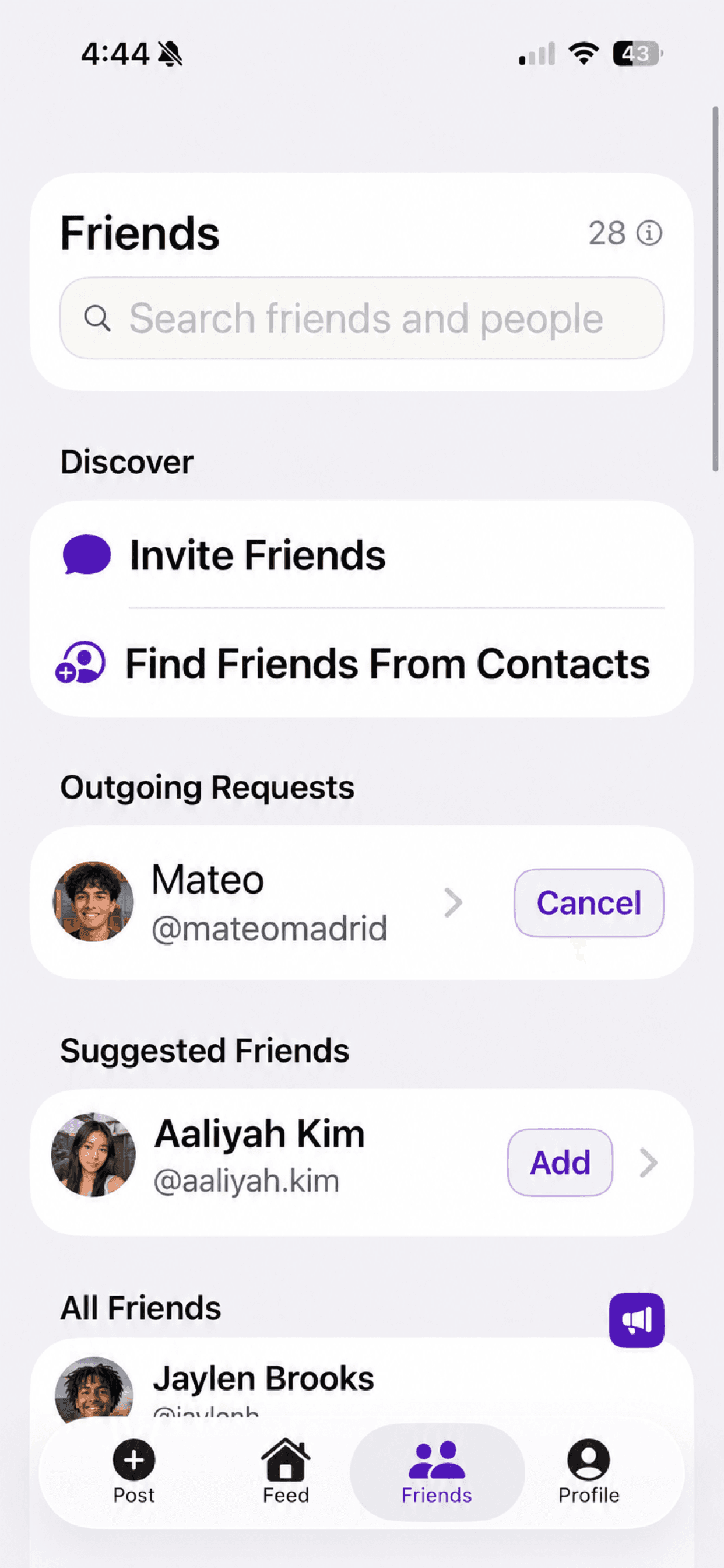 Friends list with search, friend suggestions, outgoing requests, and invite options