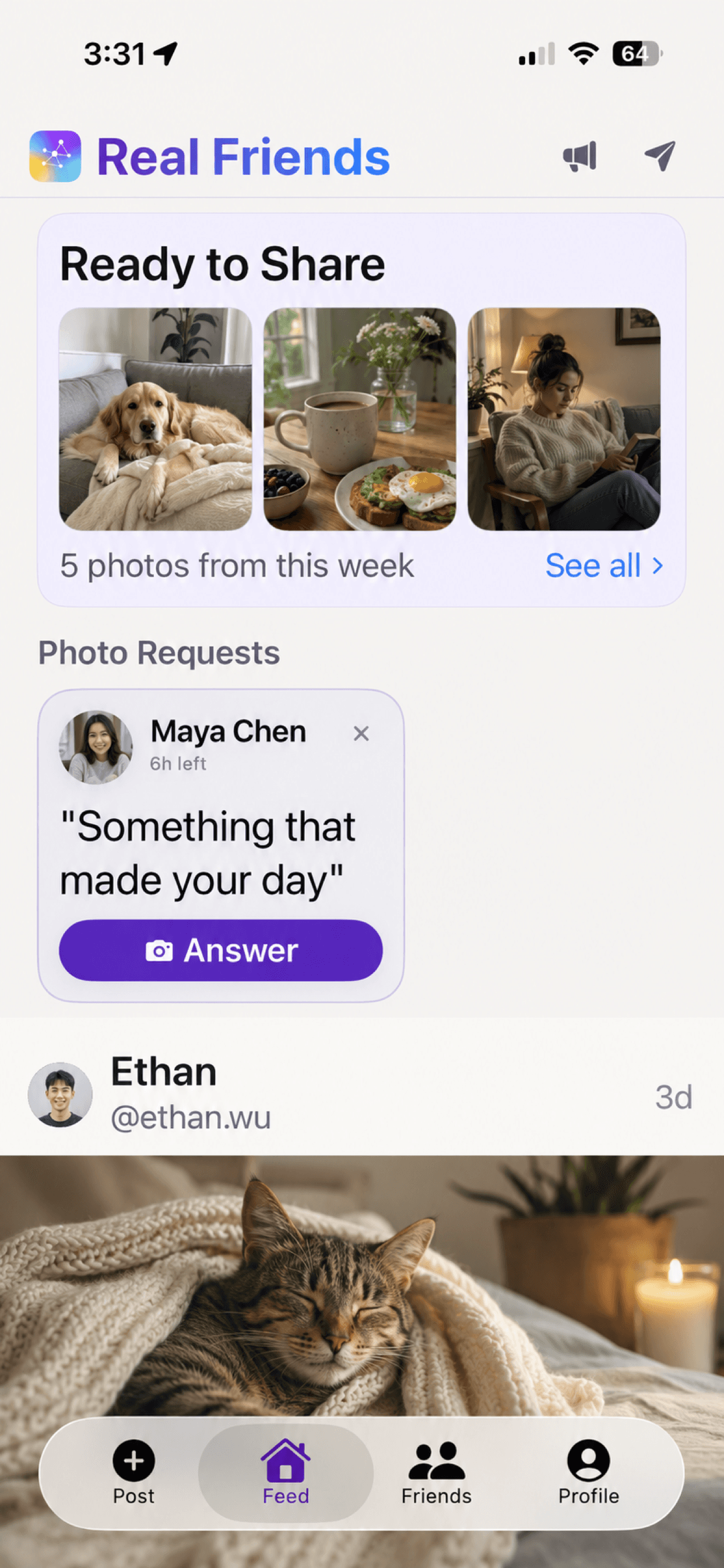 Real Friends feed showing Ready to Share photos and a photo request from a friend