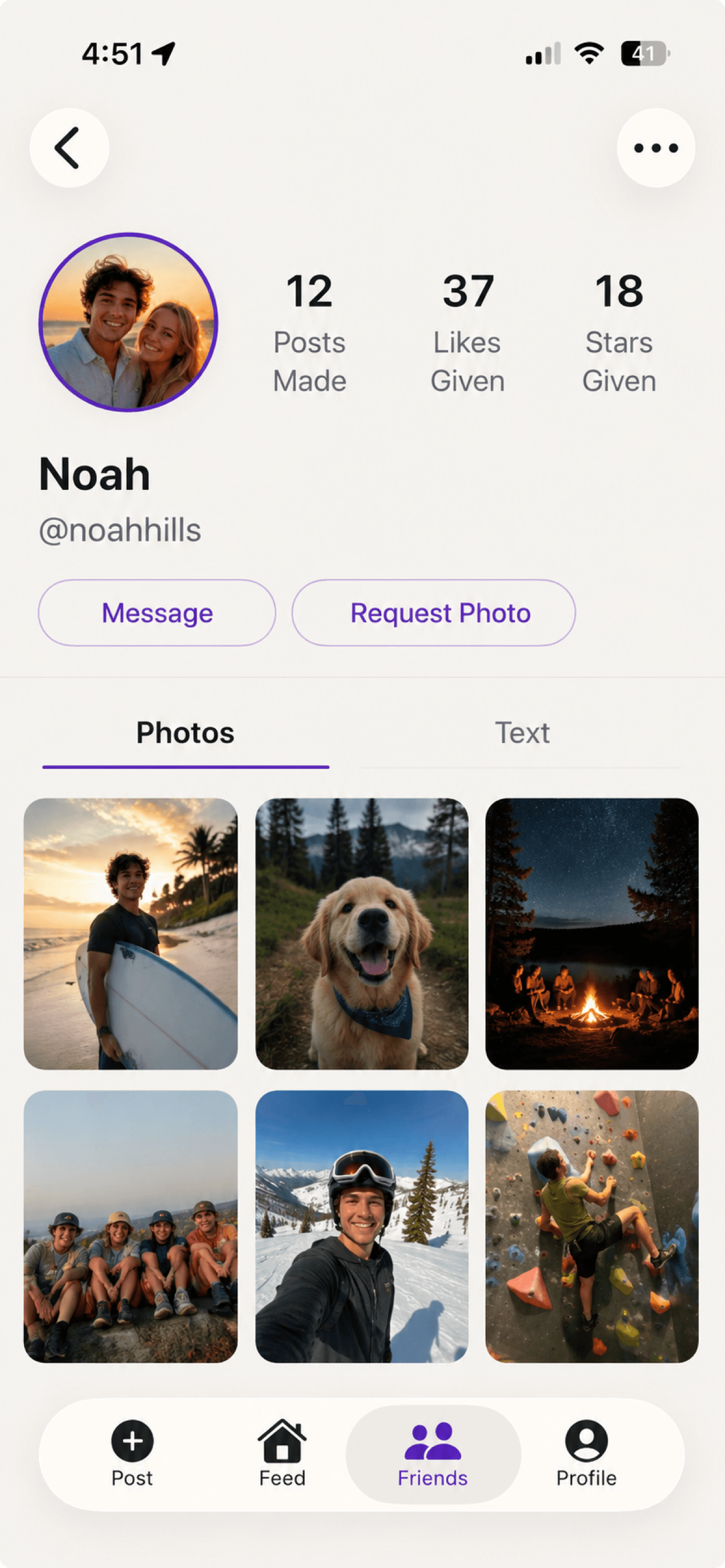 A friend's profile with photo grid, stats, and Request Photo button
