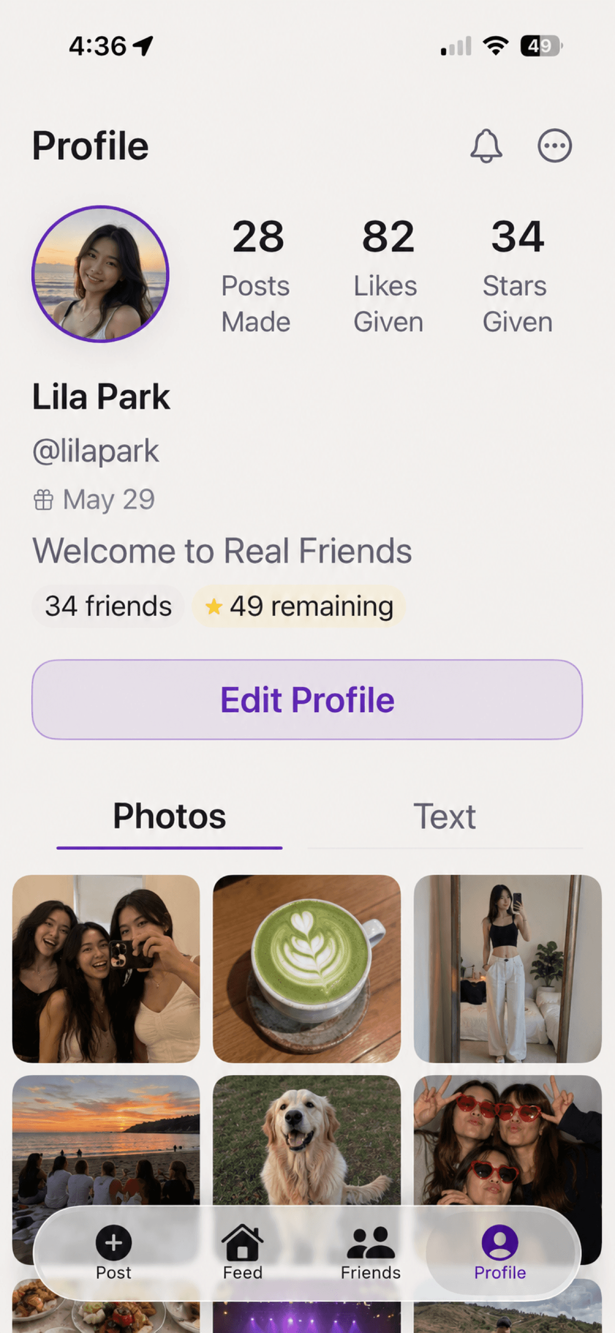 Your profile with posts, likes, stars stats, and photo grid