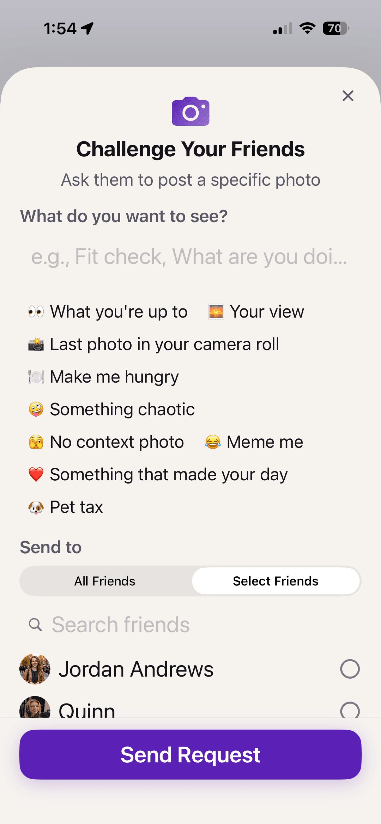 Challenge Your Friends screen with fun photo prompts and friend selection