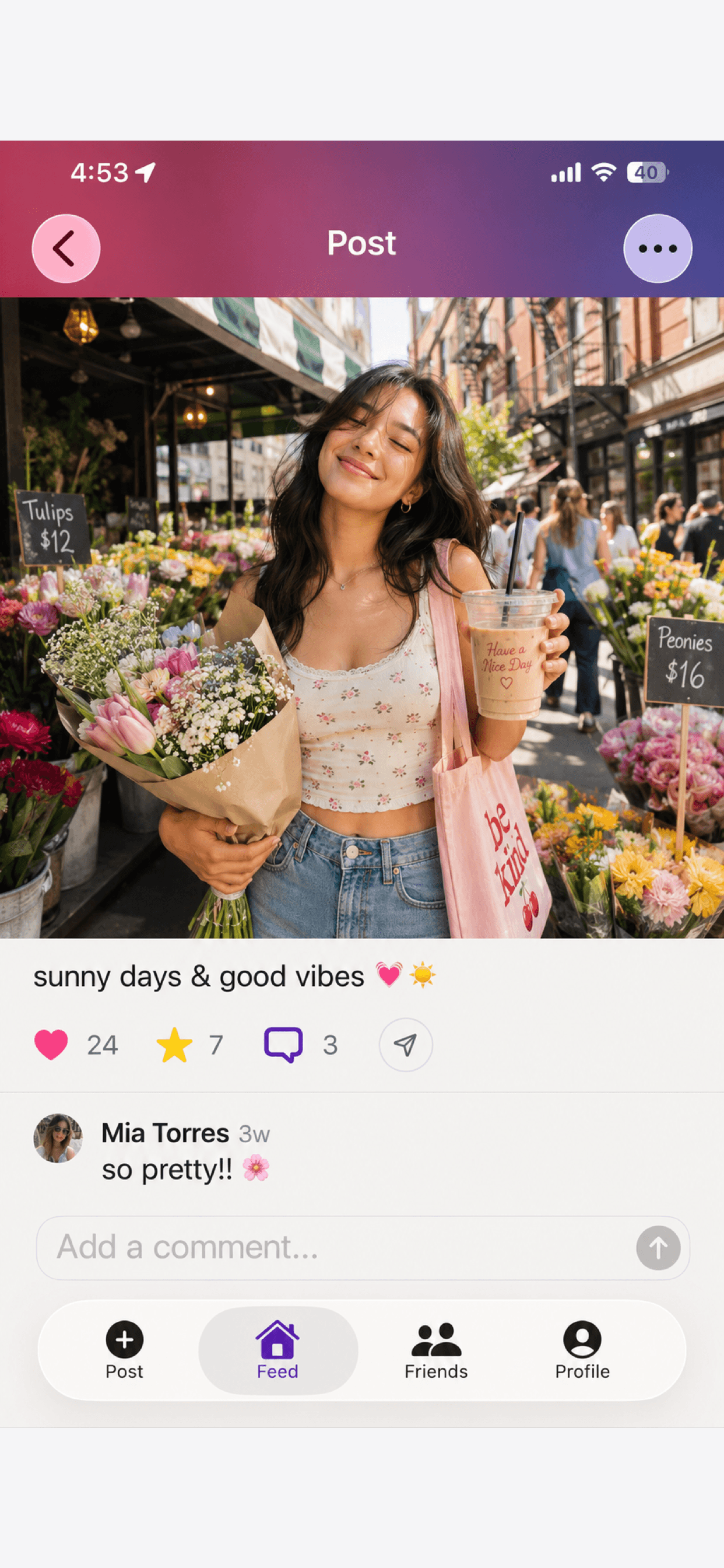 A photo post with likes, stars, comments, and a friend's reply