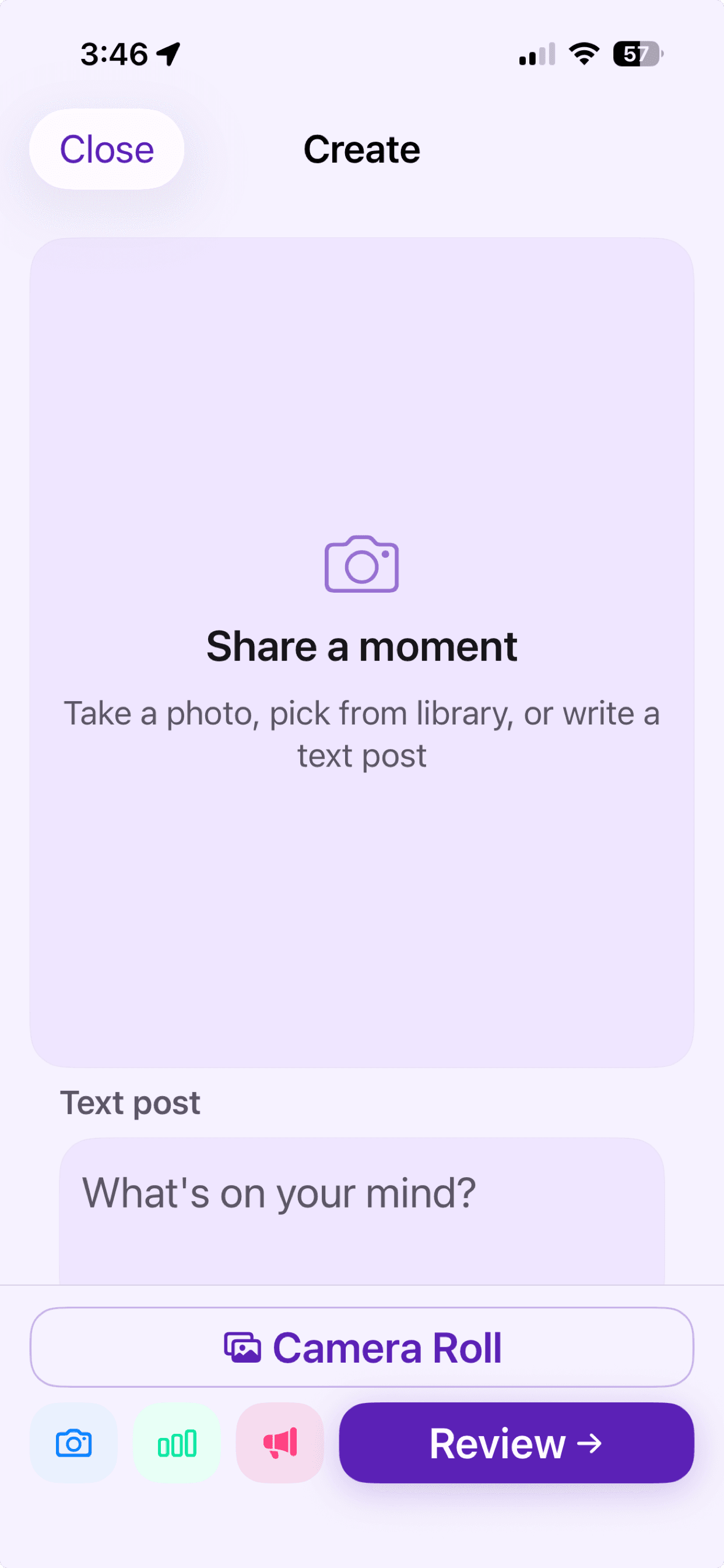 Create a post with photo, text, camera, and review options